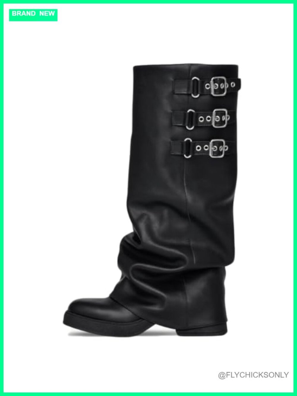 Slouchy Knee High Boots Fold Over Platform Square Toe Hidden Zip Buckle